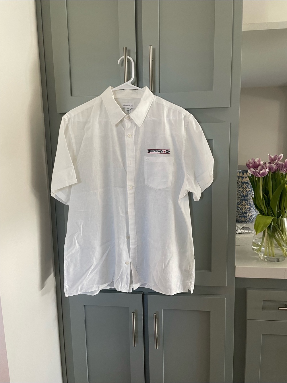 Calvin Klein linen White Short Sleeve Button-Down Shirt with Chest Patch